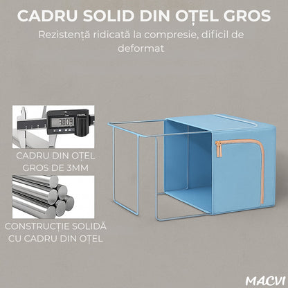 Organizator depozitare Macvi® 100 litri, cutie textila pliabila cu capac si fermoar, panou transparent pentru vizualizare si cadru metalic robust, ideala pentru haine voluminoase si depozitare