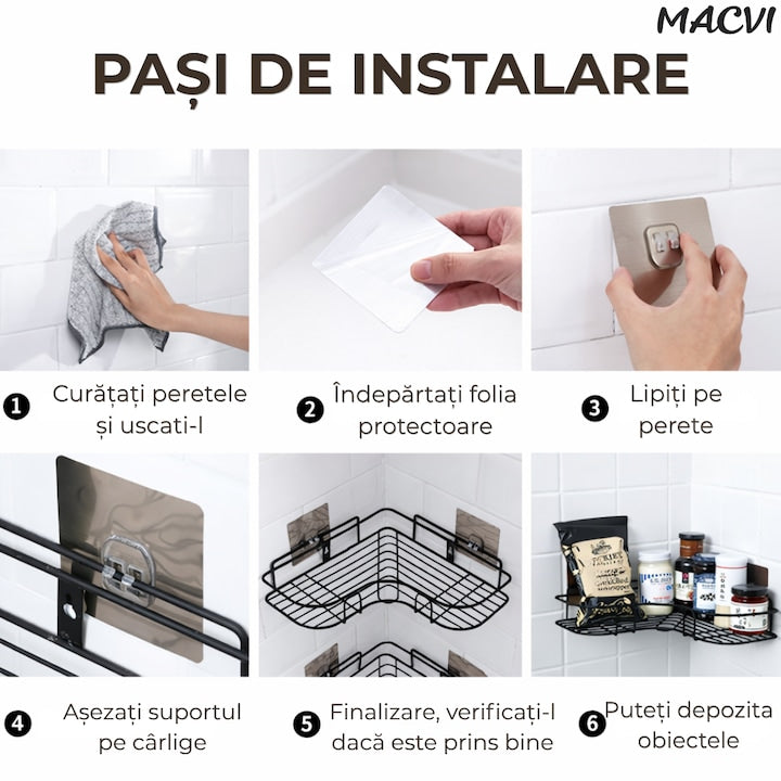 Suport de dus triunghiular Macvi®, montaj pe perete, organizator baie si bucatarie, instalare usoara, depozitare practica