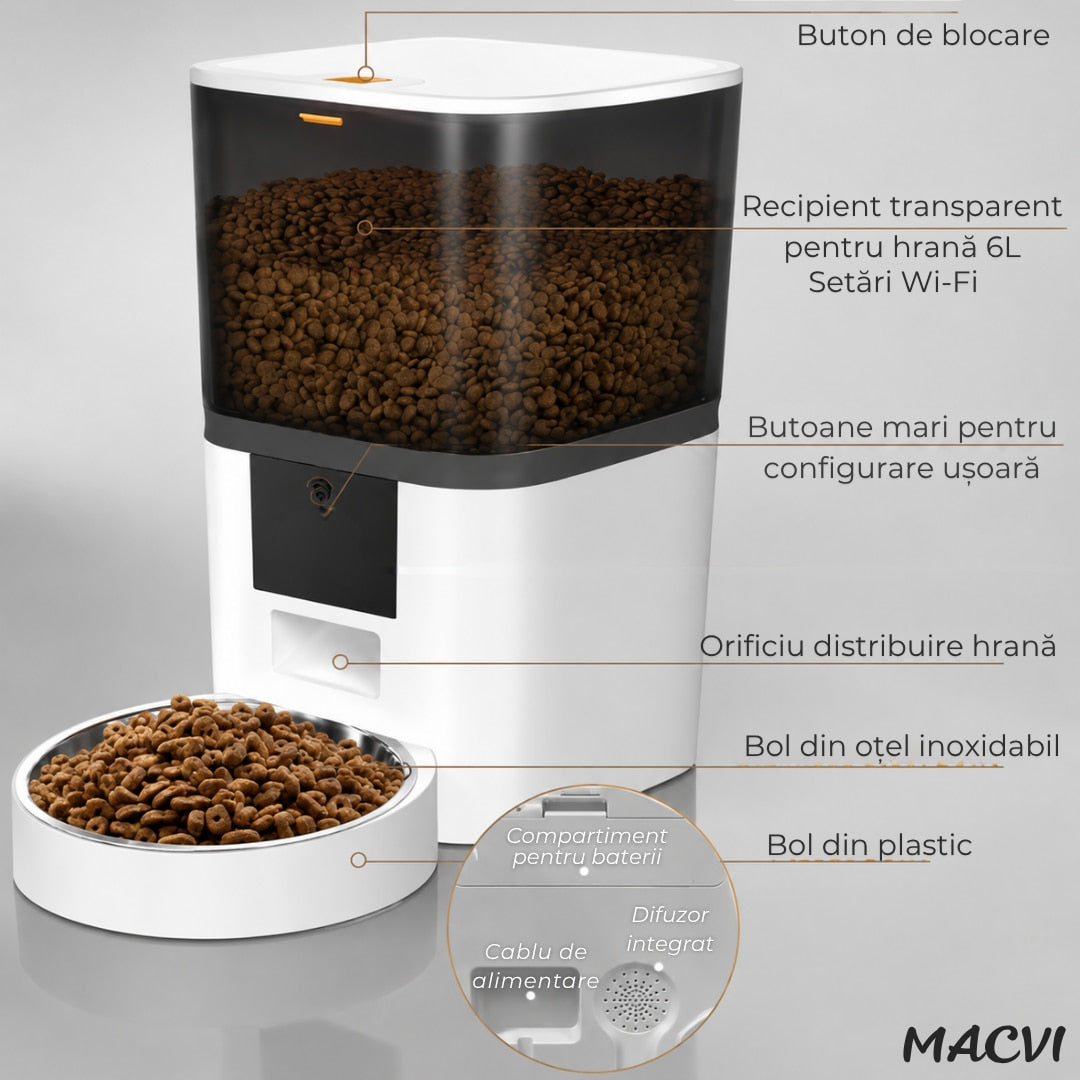 Dozator Automat Hrana Animale Macvi® 6L Conectare Baterii(neincluse) sau Priza, Control din Telefon, WiFi, Vas Inox, Programare Mese pentru Caini si Pisici