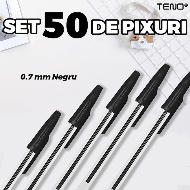 Set 50 de Pixuri Teno®, tip ballpoint, material rezistent, durabile, rezistente in timp, cap 0.7 mm, scriere neteda cu uscare rapida, cu capac, corp de plastic, negru