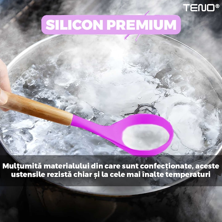 Set Ustensile Bucatarie 12 Piese Silicon Alimentar Teno®, termorezistente, antiaderente, sigure, suport inclus, mov