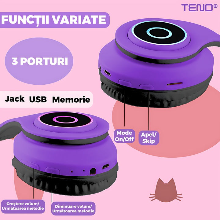 Casti Wireless Model Pisica Teno®, B39, overear, urechi de pisica cu iluminare RGB, bluetooth 5.0, handsfree, HiFi, bass stereo, mov/negru