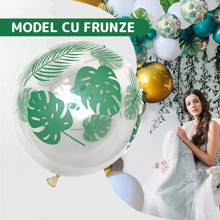 Set 15 Baloane Teno®, Model Frunze, pentru Petreceri/Aniversari/Evenimente, o singura dimensiune, 3 culori, latex, verde/auriu/transparent