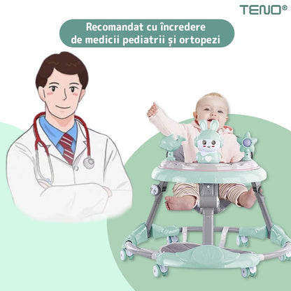 Premergator Multifunctional pentru Bebelusi Teno®, tava cu 3 jucarii, muzica, reglabil, pliabil, greutate max 20kg, 6-36 luni, verde