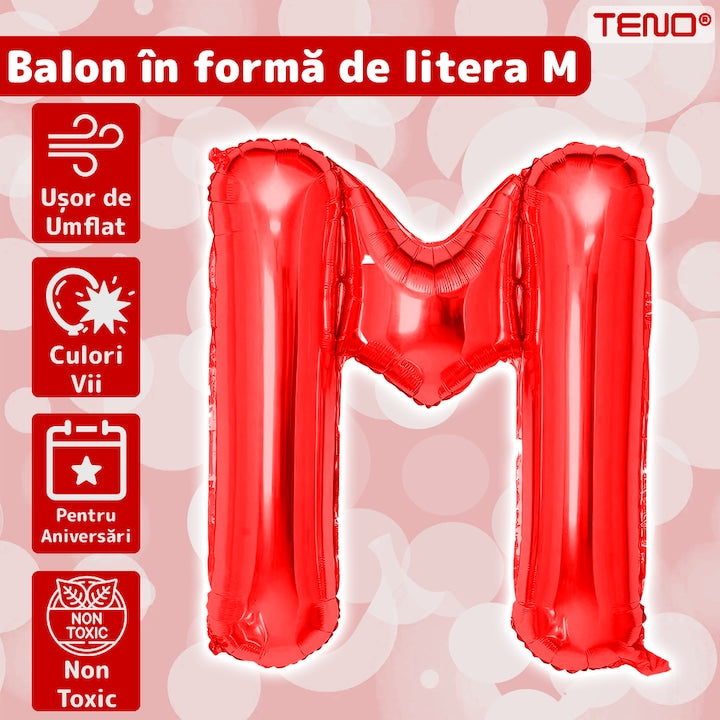 Balon in Forma de Litera M Teno®, metalizat, pentru Petreceri/Aniversari/Evenimente, rezistent, folie, rosu, 40 cm