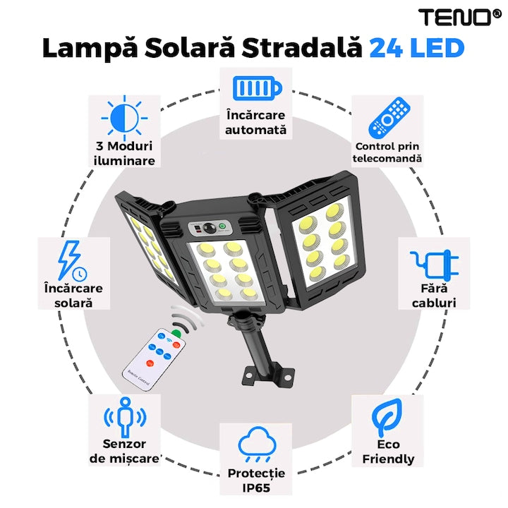 Lampa Solara Stradala 24 LED-uri Teno®, tip bec, 3 capete, control prin telecomanda, senzor de miscare, 3 moduri de iluminare, protectie IP65, Waterproof, exterior, negru