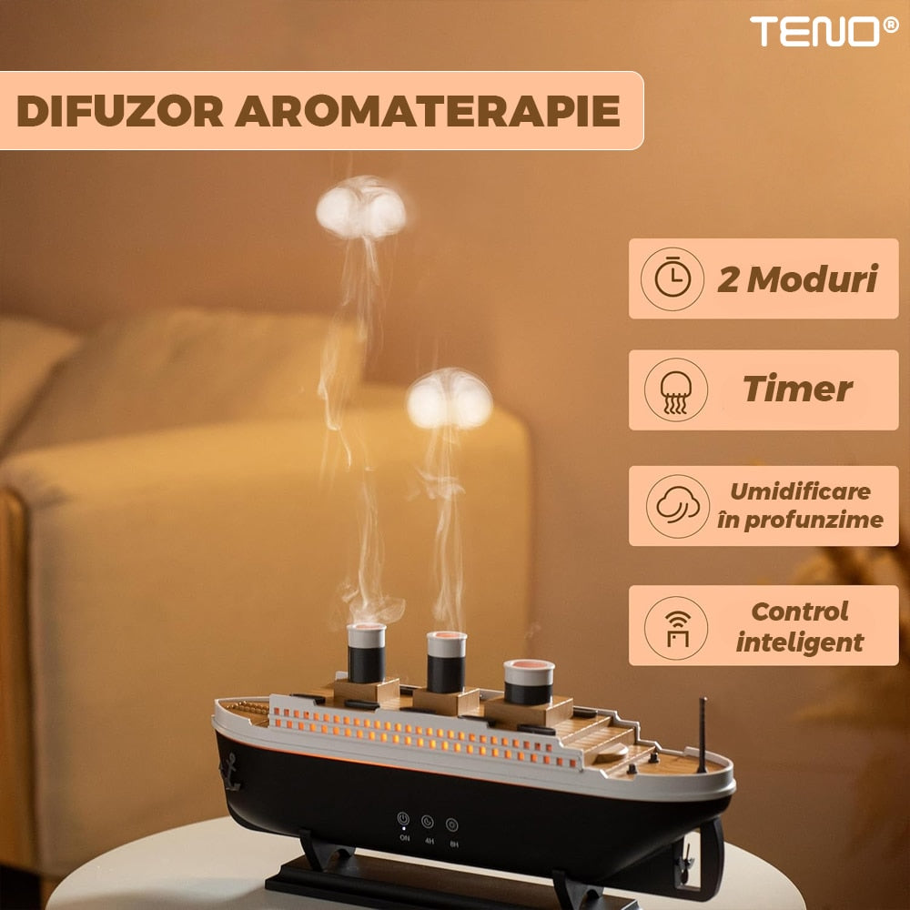 Difuzor Aromaterapie Teno®, forma de nava de croaziera, 7 culori LED, lumini dinamice, control tactil, capacitate 250ml, silentios, rezerva inclusa, umidifica aerul, negru/alb