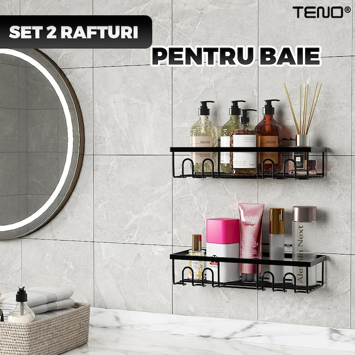 Set 2 Rafturi pentru Dus Teno®, depozitare si organizare, baie/bucatarie, otel inoxidabil, montare adeziva, rezistenta ridicata, cuiere incorporate, suporturi inalte, negru