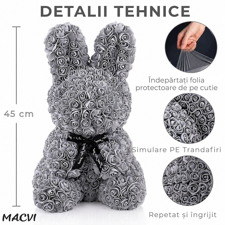 Iepuras Decorativ Macvi® din Trandafiri Spuma Gri 45 cm cu Fundita Cutie Cadou Inclusa Decor Elegant