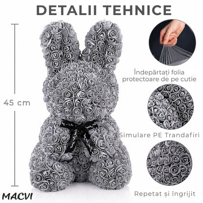 Iepuras Decorativ Macvi® din Trandafiri Spuma Gri 45 cm cu Fundita Cutie Cadou Inclusa Decor Elegant