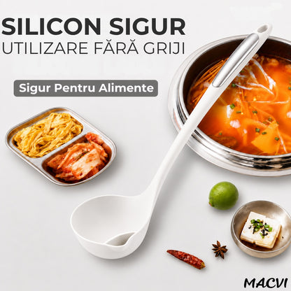 Polonic separator de grasime Macvi®, silicon alimentar, rezistent la caldura, alb