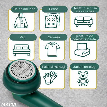 Aparat de indepartat scame Macvi®, incarcare USB, utilizare 4 ore, curatare uscata, verde