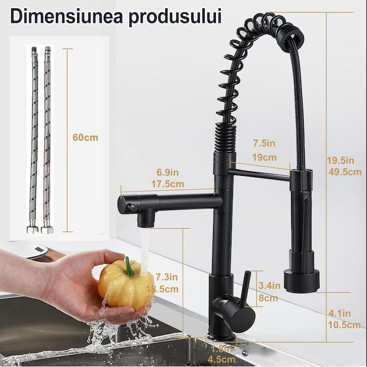 Baterie Bucatarie Macvi® Monocomanda 360° cu 2 Pipe Flexibile Otel Inoxidabil Negru