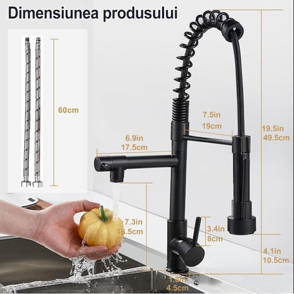Baterie Bucatarie Macvi® Monocomanda 360° cu 2 Pipe Flexibile Otel Inoxidabil Negru