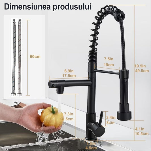 Baterie Bucatarie Macvi® Monocomanda 360° cu 2 Pipe Flexibile Otel Inoxidabil Negru
