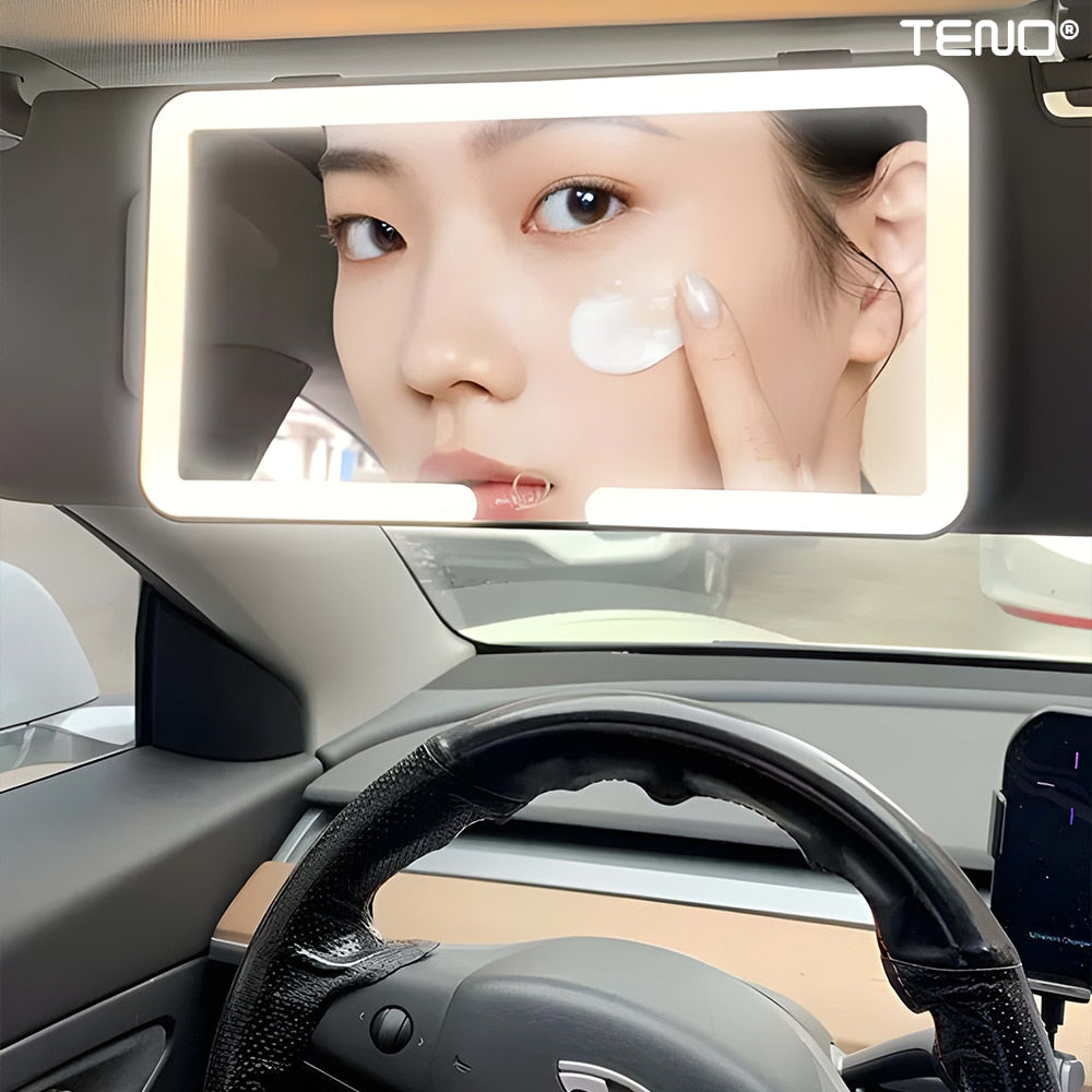 Oglinda Auto Cosmetica Teno®, pentru machiaj, iluminare LED, compacta, usoara, usor de montat, pentru parasolarul interior, buton Touch-Screen, alb