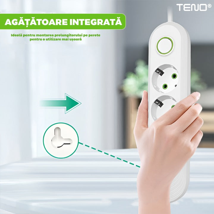 Prelungitor Teno®, 3 prize, 3 porturi USB, intrerupator, suport de agatare incorporat, rezistent la temperaturi inalte, universal, lungime 2 metri, alb