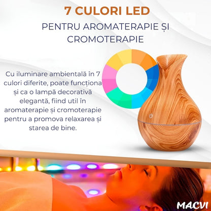 Difuzor Aromaterapie Macvi® cu Umidificator, ultrasunete, forma de vaza, buton touch, bej , LED 7 culori, 130 ml