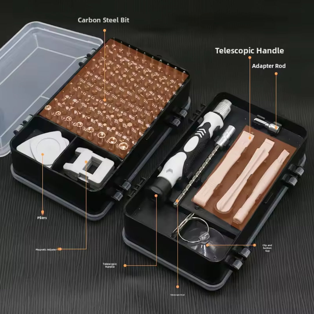 Set Surubelnite de Precizie Macvi® 115 in 1, 98 Biti Magnetici din Otel Carbon, Trusa Profesionala pentru Reparatii Telefoane, Laptopuri, Electronice, Cutie Compacta