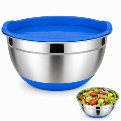 Castron Inox cu Capac si Baza Antiderapanta Macvi® 22 cm Bol Bucatarie, Otel Inoxidabil cu Capac Etans, Albastru