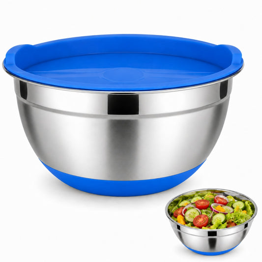 Castron Inox cu Capac si Baza Antiderapanta Macvi® 22 cm Bol Bucatarie, Otel Inoxidabil cu Capac Etans, Albastru
