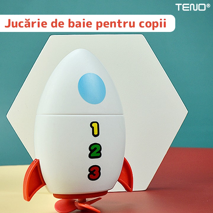 Jucarie de Baie pentru Copii Teno®, Racheta Inotatoare, interactiva, fara baterii, mecanism cu cheita, 8x11cm, rosu/alb