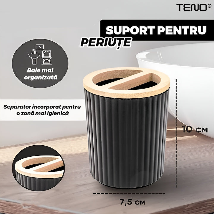 Set 6 Accesorii de Baie Teno®, dispenser de sapun, suport de periute, perie de toaleta, suport sapun, cos de gunoi, detalii din bambus, materiale rezistente, design minimalist, striatii, negru