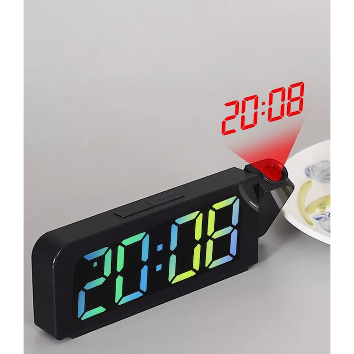 Ceas digital de masa Macvi®, LED multicolor, proiectie ora tavan/perete, alarma, temperatura, 12/24H, USB, negru, baterie CR2032 (neinclusa), 13 x 7 x 4 cm