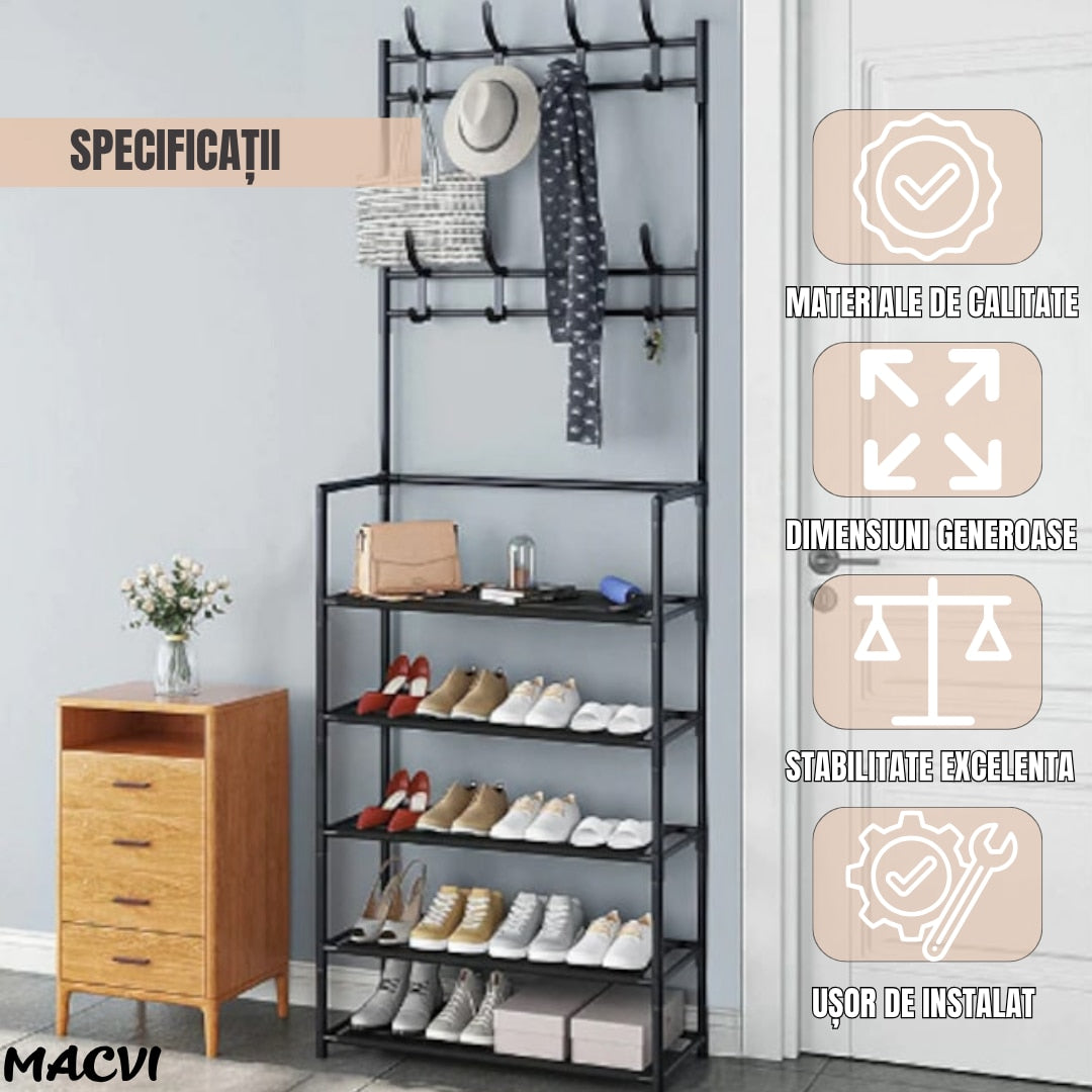 Cuier multifunctional Macvi® pentru haine si incaltaminte, 171x80x26.5 cm, material durabil, design ergonomic si modern, negru