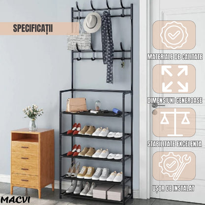 Cuier multifunctional Macvi® pentru haine si incaltaminte, 171x80x26.5 cm, material durabil, design ergonomic si modern, negru