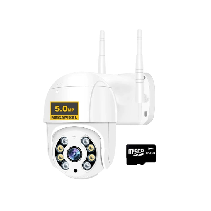 Camera Supraveghere WiFi Macvi® 50HS Pro+ 5MP 4K PTZ Zoom 4X Auto Tracking Night Vision Card 16GB Alb