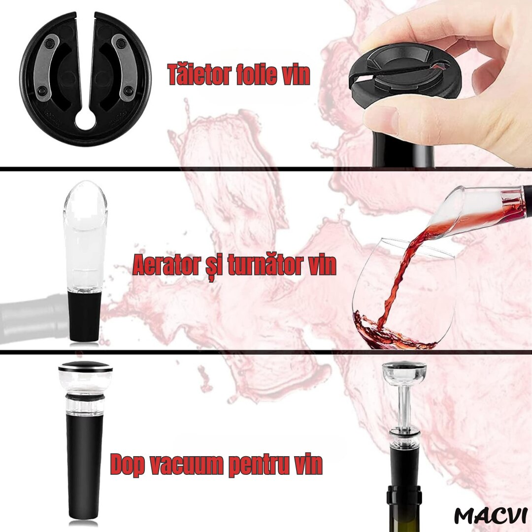 Set deschizator Macvi® 2-in-1 pentru vin, tirbuson profesional cu taietor folie, dop vacuum si aerator, design ergonomic, argintiu