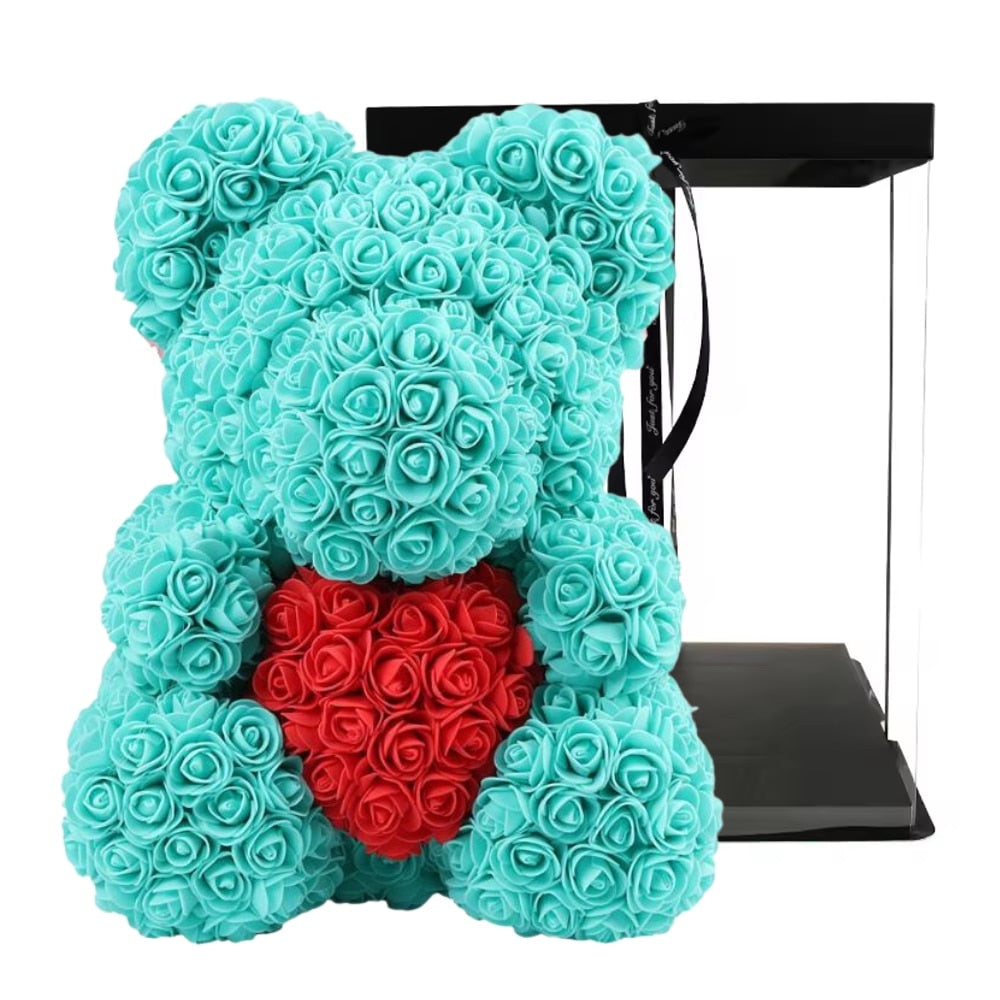 Ursulet din Trandafiri Macvi® Turcoaz 25 cm Cutie Decorativa Inclusa Cadou Romantic