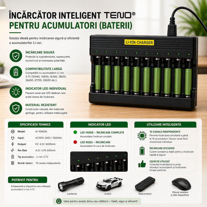 Incarcator inteligent baterii Li-Ion Teno®, 10 sloturi independente, LED individual, protectie completa, compatibil universal 3.7V