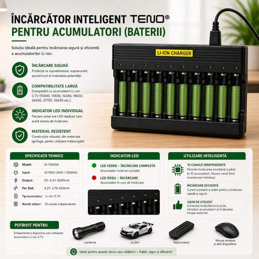 Incarcator inteligent baterii Li-Ion Teno®, 10 sloturi independente, LED individual, protectie completa, compatibil universal 3.7V