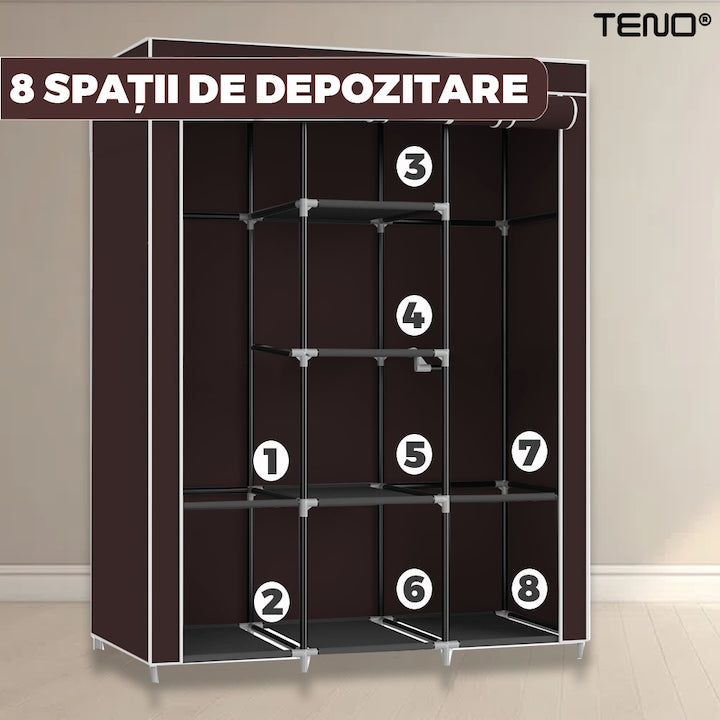 Dulap din Material Textil pentru Haine si Incaltaminte Teno®, impermeabil, 8 rafturi, inchidere fermoar, suport umerase, cadru otel, 170 cm, maro