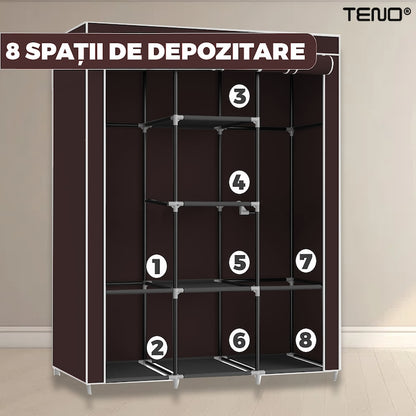 Dulap din Material Textil pentru Haine si Incaltaminte Teno®, impermeabil, 8 rafturi, inchidere fermoar, suport umerase, cadru otel, 170 cm, maro