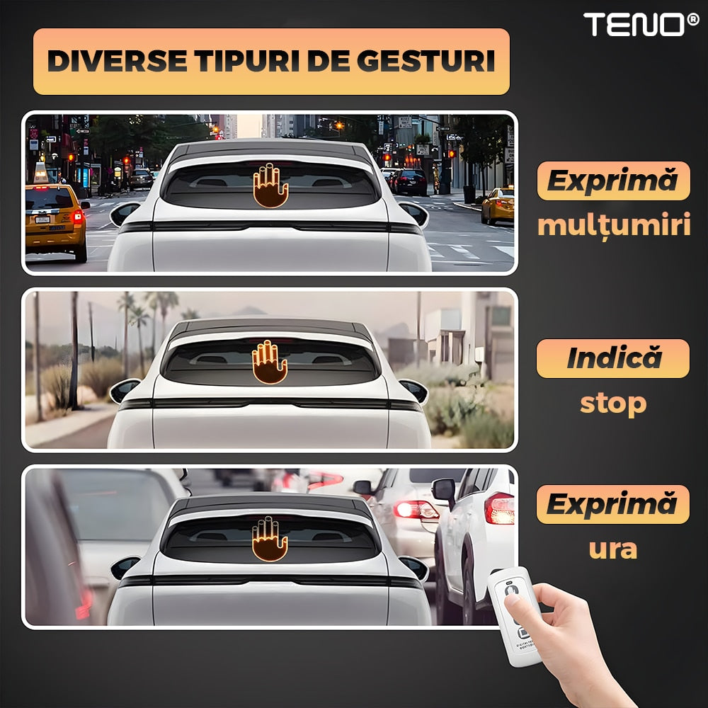 Semn LED Auto cu Telecomanda Teno®, design mana, 4 moduri de utilizare, efect vizual stralucitor, iluminare puternica, compatibilitate universala, negru/portocaliu