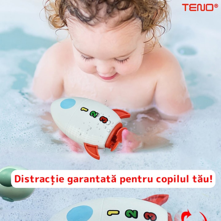 Jucarie de Baie pentru Copii Teno®, Racheta Inotatoare, interactiva, fara baterii, mecanism cu cheita, 8x11cm, rosu/alb