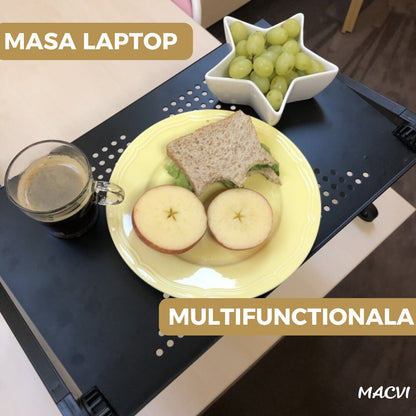 Masa Laptop Multifunctionala Macvi® T8 cu Picioare Reglabile, Cooler Integrat cu 2 Ventilatoare, 42 cm x 26 cm, Negru