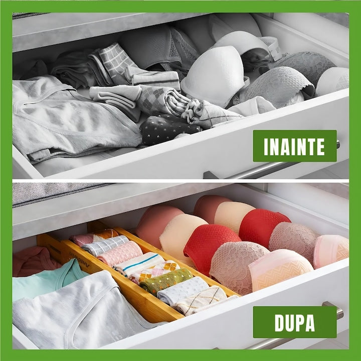 Set 4 organizatoare sertar reglabile Macvi® bambus premium, capete antiderapante, multifunctionale 35.2-44 cm