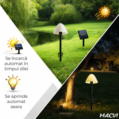 Set 10 Lampi solare gradina Macvi® alb cald IP65 rezistente la apa cablu 5 m panou solar 2V 185mA inaltime tija 18 cm diametru lampa 4.5 cm iluminat exterior alei curte terasa