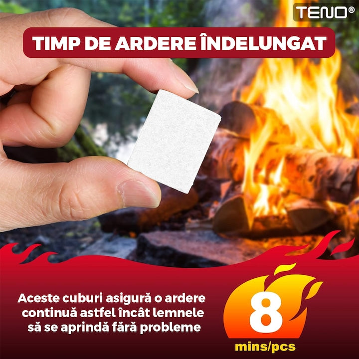Set 48 Cuburi pentru Aprins Focul Teno®, pastile aprinzatoare, timp indelungat de ardere, incalzire centrala, seminee, sobe, camping, drumetii