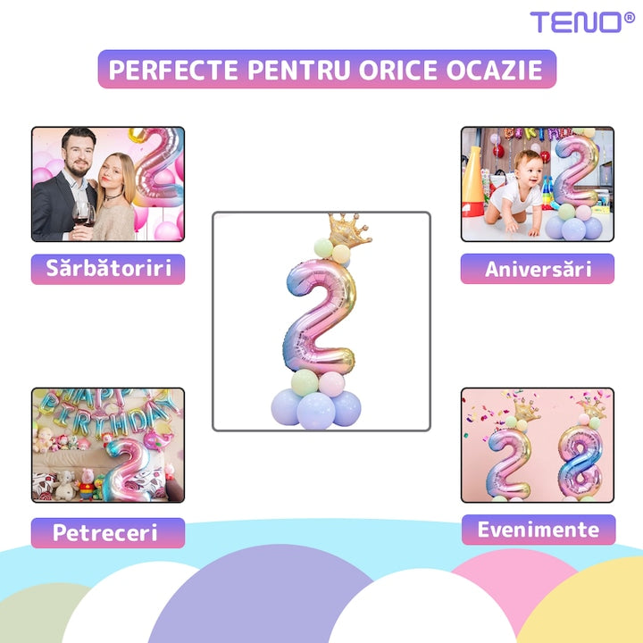 Set 14 Baloane CIfra 2 Teno®, coroana, balon pastelat, pentru Petreceri/Aniversari/Evenimente, mai multe dimensiuni, latex, multicolor