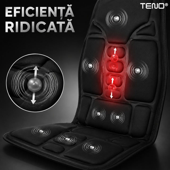 Saltea Masaj pentru Scaun Auto Teno®, 8 moduri, intensitate reglabila, functie de temporizare, pentru casa/masina, telecomanda incorporata, negru
