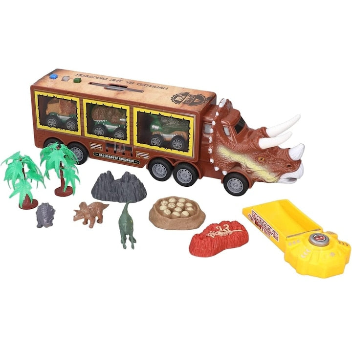 Camion Dinozaur Interactiv Macvi® cu Lumini si Sunete, 3 Vehicule Detasabile, Rampa de Lansare si Accesorii Preistorice, Jucarie Educativa pentru Copii 3+
