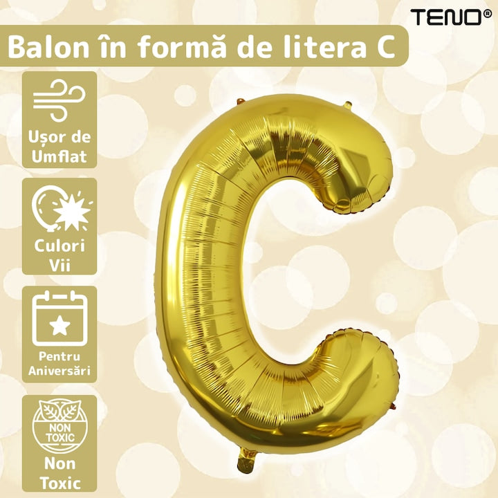 Balon in Forma de Litera C Teno®, metalizat, pentru Petreceri/Aniversari/Evenimente, rezistent, folie, gold, 40 cm