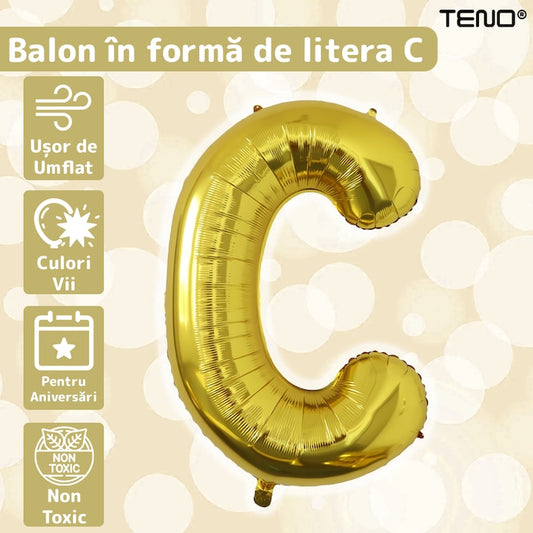 Balon in Forma de Litera C Teno®, metalizat, pentru Petreceri/Aniversari/Evenimente, rezistent, folie, gold, 40 cm