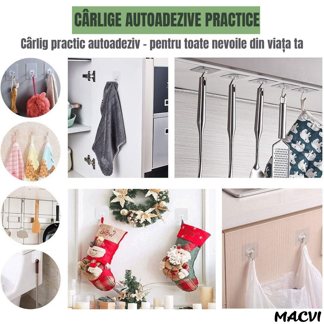 Set 10 carlige autoadezive Macvi® transparente pentru prosoape, impermeabile, ABS durabil, 180° rotative, fixare puternica si reutilizabila, pentru baie, bucatarie si dormitor