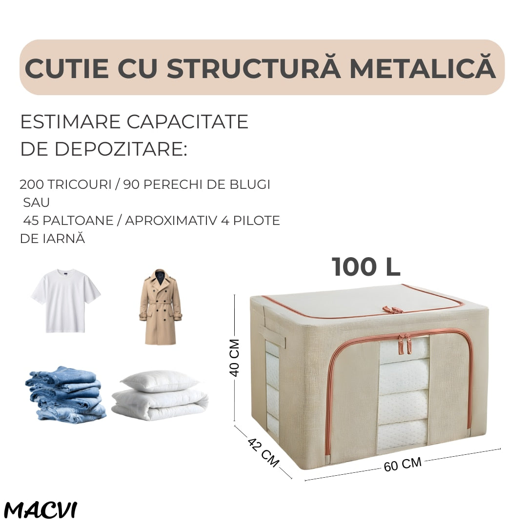 Organizator depozitare Macvi® 100 litri, cutie textila pliabila cu capac si fermoar, panou transparent pentru vizualizare si cadru metalic robust, ideala pentru haine voluminoase si depozitare